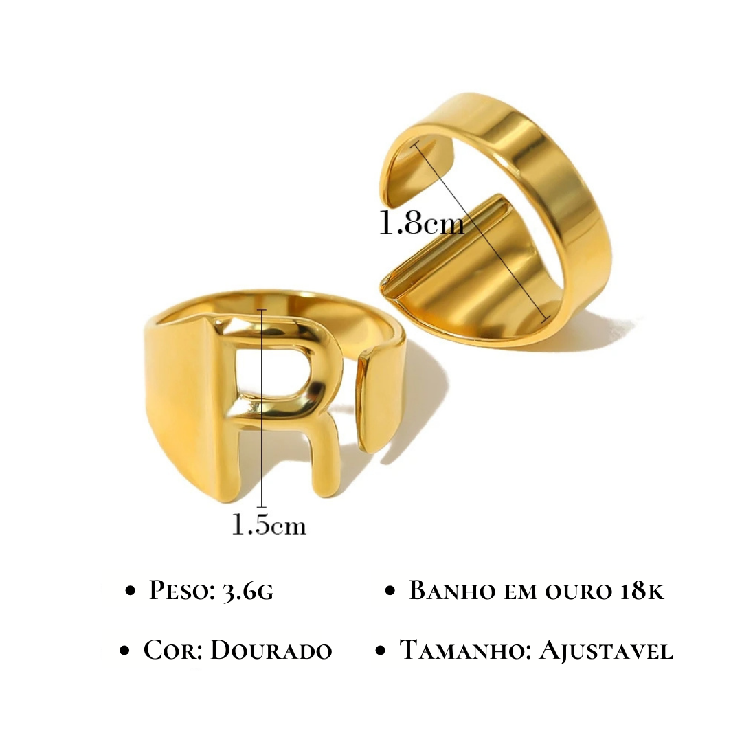 Anel Estilo com Iniciais Banhado em Ouro 18K Ajustável