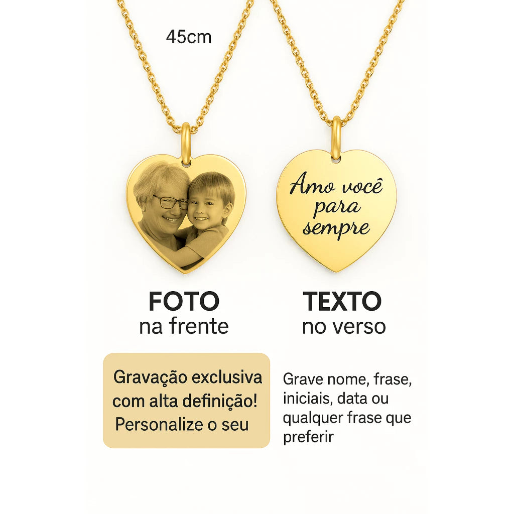 Colar Coração com foto gravação | Banhado em Ouro 18k